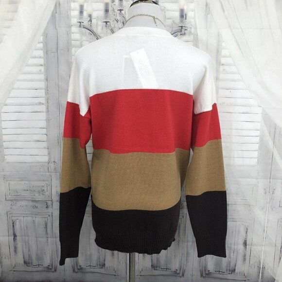 French Connection Small White Red Brown Colorblock Crew Neck Pullover Sweater - Picture 3 of 10